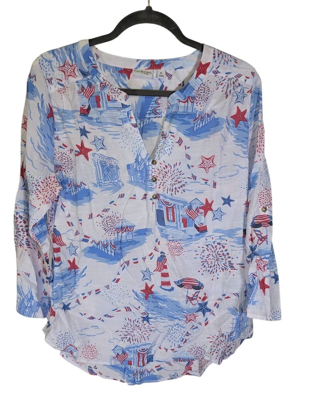 Kim Rodgers White Henley Tunic Red, White, and Blue Beach and Lighthouse print W
